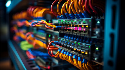 big database box cloud servers connection with colorful fiber optic cable internet in computer lab