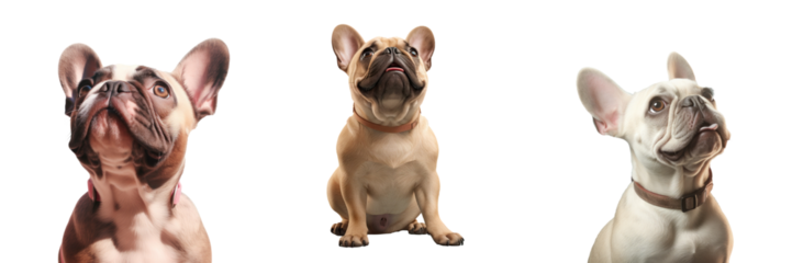 Intrigued French bulldog patiently waits to play or go for a walk one eye closed against a transparent background