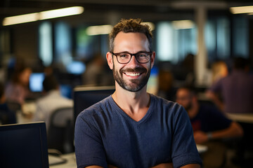 Happy Web Developer in Glasses With Crossed Arms Stands in the Office of an IT Company