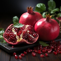 ripe pomegranate fruit with leaves on black background, Fresh red pomegranate, and seed with leaves over a black background, pomegranate closeup view 