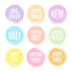 Set labels with inscription sale ad or promo shopping concept. Collection of brush stroke sale, stickers and tags banners, sales label collection suitable for design promotion media.