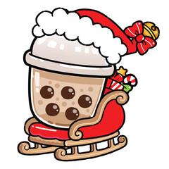 Cute Cartoon Bubble Milk Tea. Gifts on Santa's sledge. Merry Christmas and Happy New Year Celebration Concept.