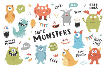 Obraz na płótnie Canvas Cute monsters set. Cartoon monsters collection. Vector illustration