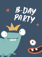 Cute monster birthday greeting card. Vector illustration