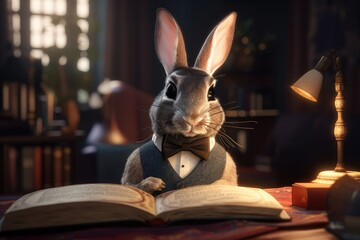 Rabbit wearing a bowtie and reading a book. Generative AI - obrazy, fototapety, plakaty