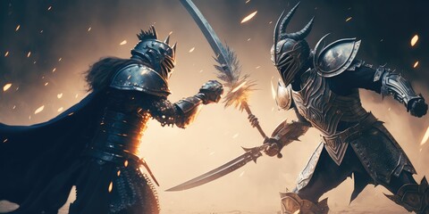 Two mystical knights fighting. Generative AI - obrazy, fototapety, plakaty
