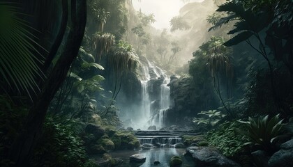 Cascading waterfall in lush green rainforest. Generative AI - obrazy, fototapety, plakaty