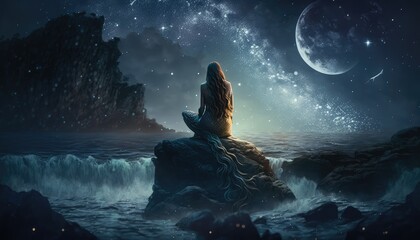 Mermaid watching a beautiful night sky. Generative AI - obrazy, fototapety, plakaty