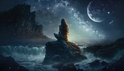 Fotobehang Mermaid watching a beautiful night sky. Generative AI © Sapan