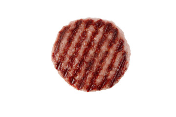 Ground beef meat patty or burger with blackened grill marks top view isolated transparent png....