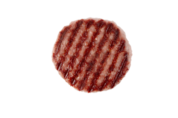 Ground beef meat patty or burger with blackened grill marks top view isolated transparent png. Hamburger ingredient.
