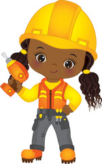 Vector Cute African African Girl Holding Drill. Vector Construction Girl 