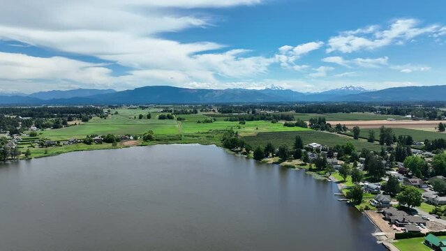 Lynden Washington Wiser Lake Aerial Panoramic View Facing Mount Baker Blue Sky Sunny Day Summer Farms Homes and City