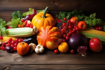 Autumn nature concept. Fall fruit and vegetables on wooden background
