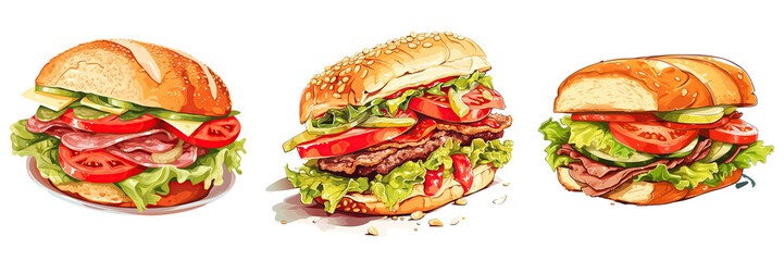 Fried bun with meat cheese onion tomato and lettuce in a isolated color illustration - obrazy, fototapety, plakaty