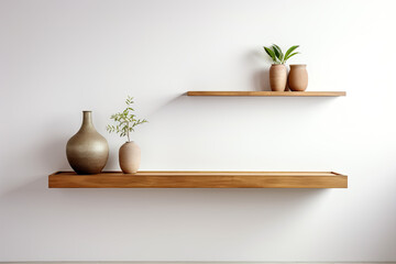 Wood floating shelves on white wall. Storage organization for home. Interior design of modern living room.  