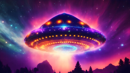 Fototapeta na wymiar A psychedelic UFO soaring through a star-filled night sky