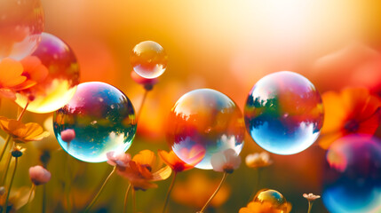Bright colored flowers. Soap bubbles. Magic light, bokeh. Illuminated by the light of sunset. Blurred background. Generative AI technology.