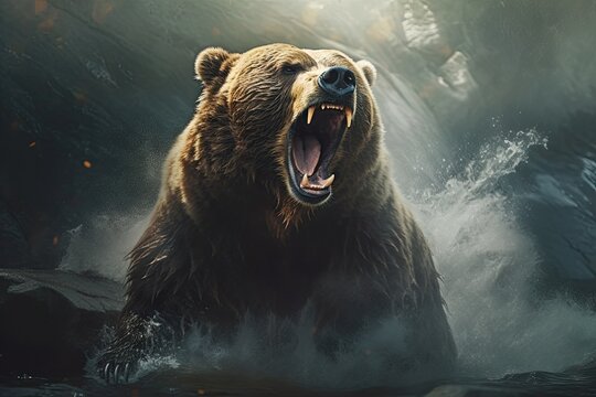 An adult Grizzly (brown) Bear growling
