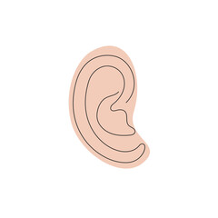 Ear drawn in one continuous line in color. One line drawing, minimalism. Vector illustration.