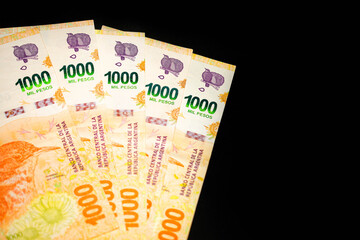 Banknotes of 1000 Argentine pesos, Argentine money, Argentine currency, Argentine pesos. Pile of...