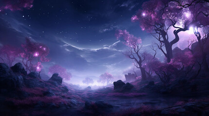 A Dreamy Purple Fantasy Landscape Seen at Night - obrazy, fototapety, plakaty