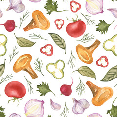 Chanterelle mushrooms, tomatoes, herbs and spices hand drawn seamless patten on a white background. Background with farm vegetables. Illustration.