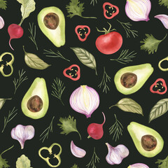 Avocado, tomatoes, potatoes, herbs and spices hand drawn seamless patten on a black background. Background with farm vegetables. Illustration.