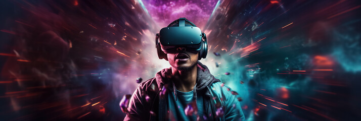 A man is wearing a virtual reality headset in a space with a black background.