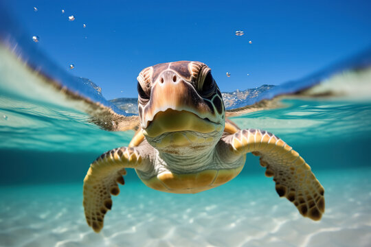 A baby sea turtle is swimming in the clear ocean waters, looking at the camera.