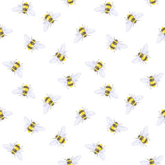 Watercolor little bee for honey. seamless pattern botanical. Hand drawn isolated on white. For birthday, children's posters, postcards, kids cards