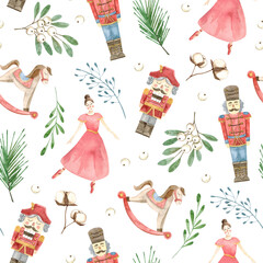 Pattern with Vintage Christmas retro toys. Watercolor Illustrations of hand made nutcracker, ballerina, rocking horse, Christmas leaves, berries, eucalyptus.