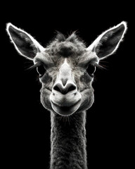 Fototapeta premium Portrait of a cute llama on a black background. Close-up