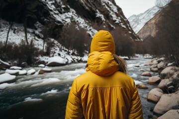 Winter Wanderlust: A Yellow-Clad Woman Embracing the Snowy Mountains by the River's Edge, ai generative