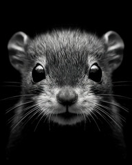 black and white portrait of a cute rat on a black background