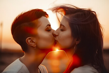 Twilight Romance: Lesbian Couple Shares a Passionate Kiss Against a Stunning Sunset backdrop, ai generative