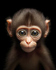 Portrait of a cute baby monkey on a black background. Close-up