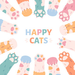Cute colorful cats paws. Greeting card with cats. International cat day. Vector illustration in flat style