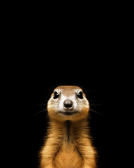 Fototapeta premium Portrait of a meerkat on black background, front view, isolated