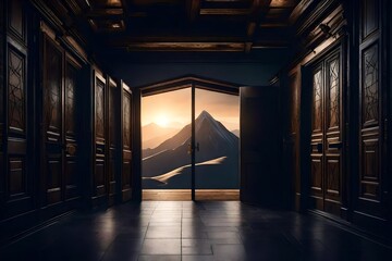  a door and a mountain silhouette, signifying a doorway to adventure - obrazy, fototapety, plakaty