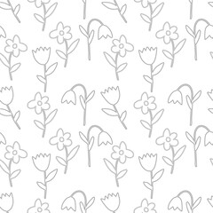 Black Vector illustration of bouquet bell and tulip flowers with leaves isolated on a white background. Seamless pattern