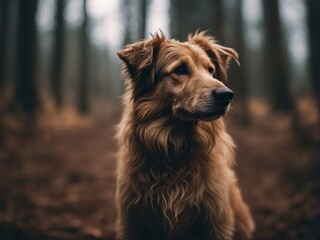 Fototapeta premium Wet scruffy dog, outside standing in a forest