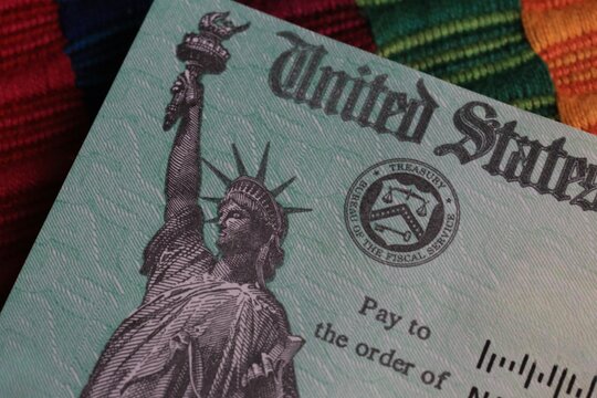 US federal government check for IRS tax refund - statue of Liberty 