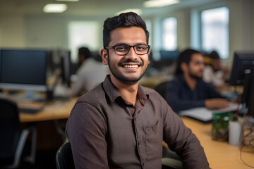 Obraz premium Smiling Indian Web Developer in Glasses in the Office of an IT Company