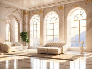 White Spacious Marble Luxury Interior Room with Sunny Window, Generate Ai