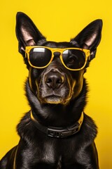 Closeup portrait of black terrier dog in fashion sunglasses. Funny pet on bright yellow background. Puppy in eyeglass. Fashion, style, cool animal concept with copy space