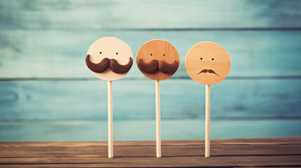 Three cute toy men shaped of wooden circle with moustaches on stick with blue background. Supporting the Movember movement within initiatives focused on men's health. Banner with copy space