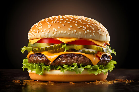 Delicious cheseburger, black background.