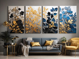 Silhouettes of beautiful plants on canvas. Gold, black, purple, blue and gray, purple colors. Interior painting. Beautiful background, Generate Ai