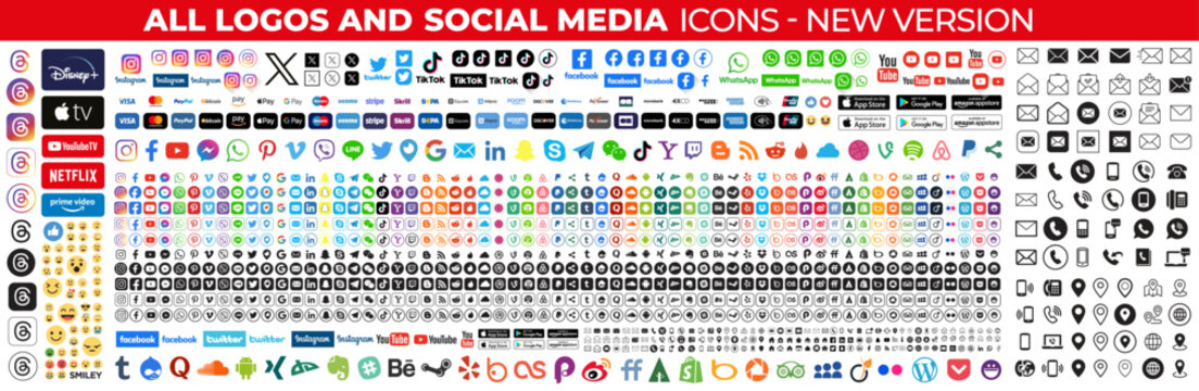 Social media and contact icons. Facebook, instagram, X, youtube, linkedin, tiktok, google, linkedin, whatsapp, snapchat,...	
